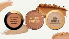 COllage of the best drugstore bronzers (L-R) Max Factor FaceFinity Bronzer, Rimmel Natural Bronzer and Maybelline City Bronzer, on a cream background with bronzer swatches