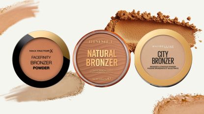 COllage of the best drugstore bronzers (L-R) Max Factor FaceFinity Bronzer, Rimmel Natural Bronzer and Maybelline City Bronzer, on a cream background with bronzer swatches