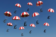Bonds concept: pound signs with red and white parachutes falling from the sky. 