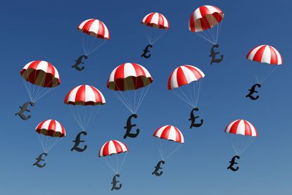 Bonds concept: pound signs with red and white parachutes falling from the sky. 