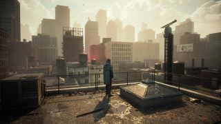 A cityscape scene in Control Resonant, showing Dylan looking across the Manhattan skyline