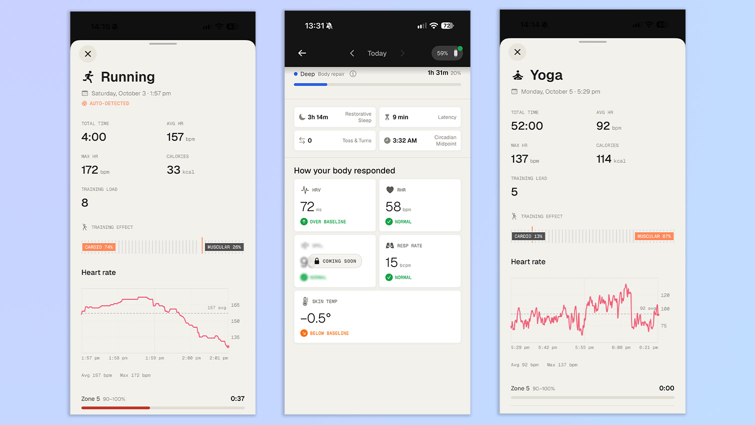 screenshots from the luna app compatible with luna band showing connectivity and tracking functionality