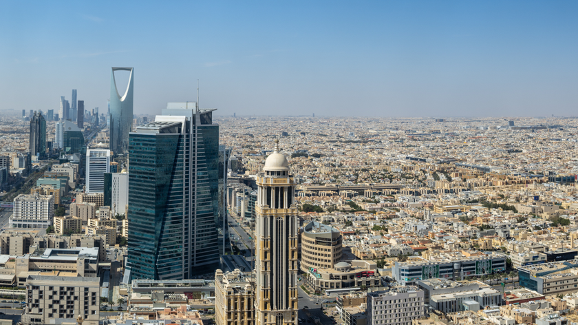 An aerial photo of the many tall buildings in Riyadh, Saudi Arabia