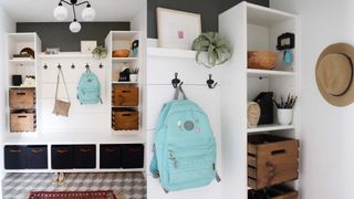 IKEA hack mudroom with white shelving and storage bench