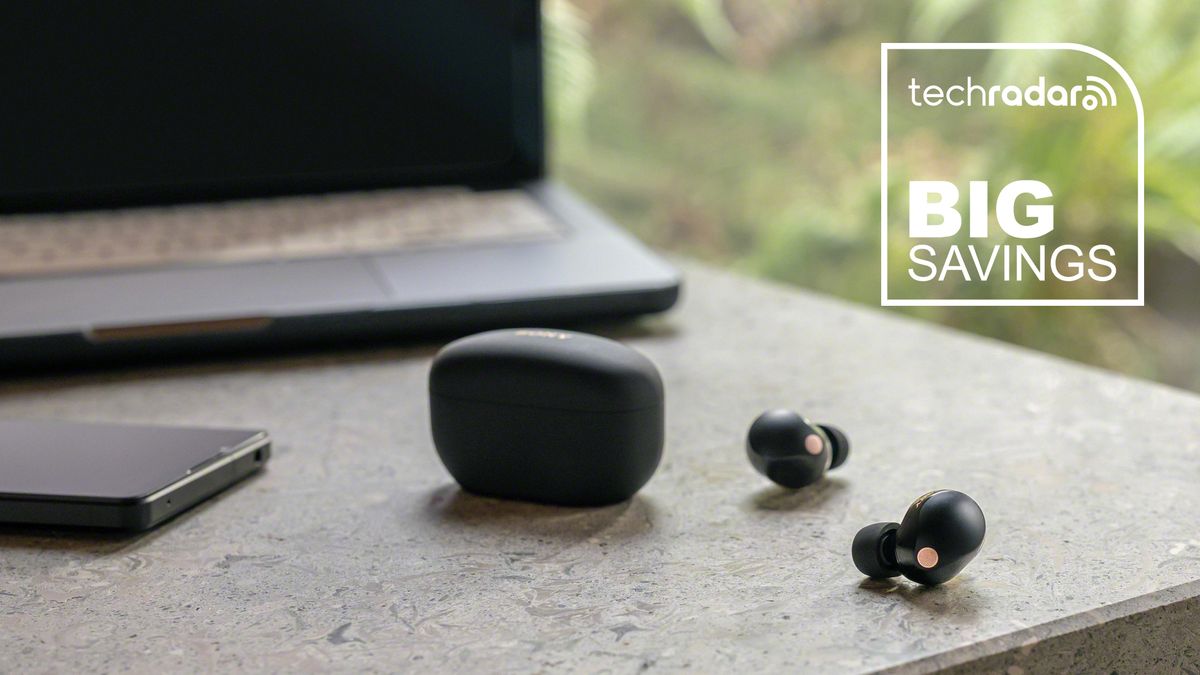 Sony WF-1000XM5 true wireless buds on a table with TechRadar deals logo for big savings