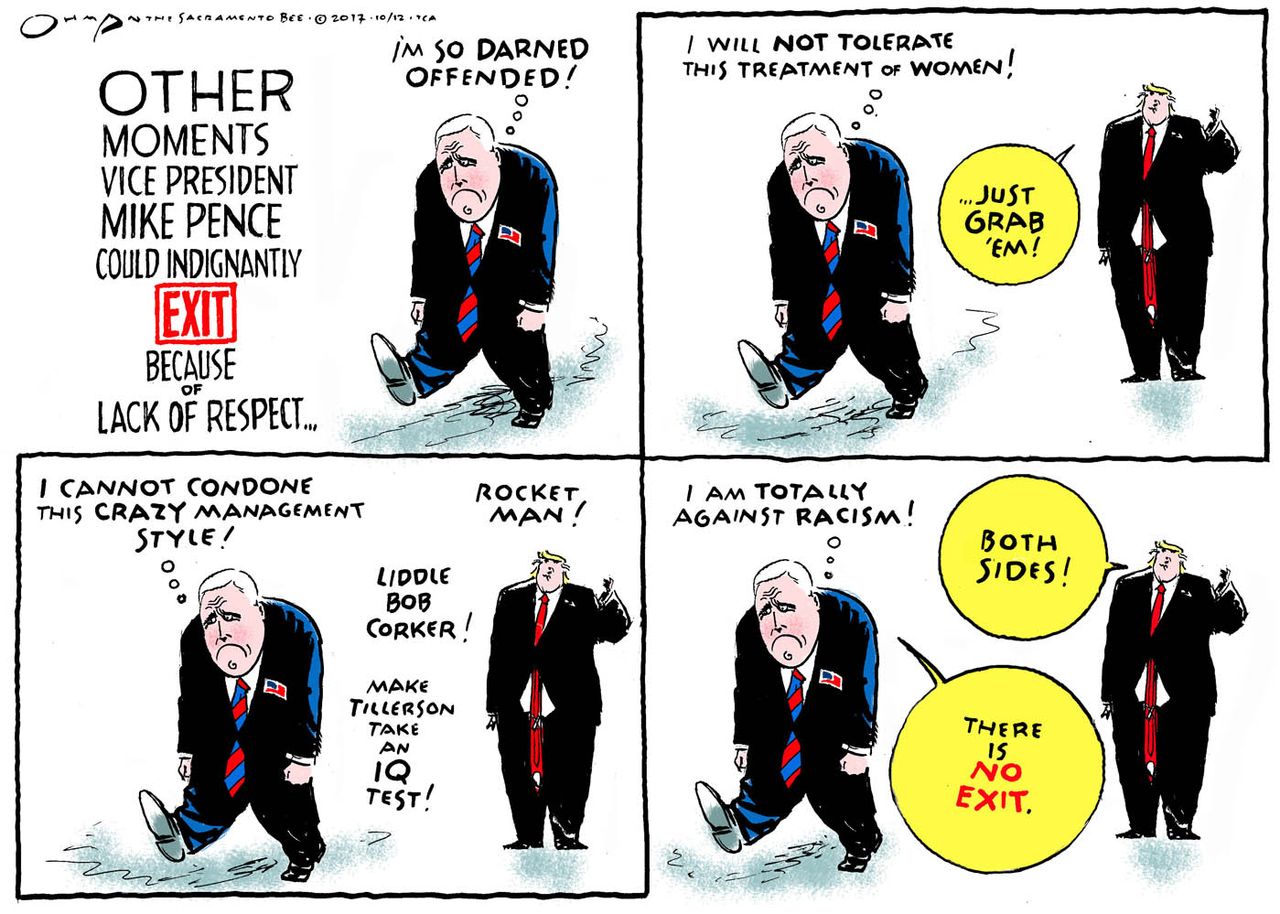 Political cartoon U.S. Trump Mike Pence NFL kneeling protest