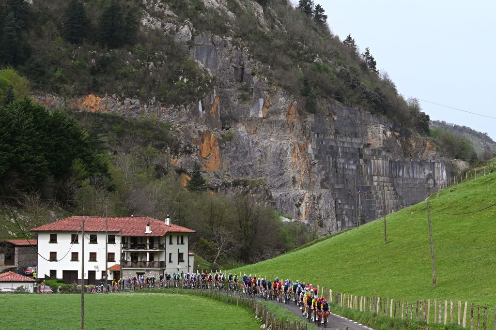 EIBAR SPAIN APRIL 06 Mattias Skjelmose of Denmark Yellow Leader Jersey Fabio Felline of Italy and Julien Bernard of France and Team Lidl Trek lead the peloton climbing to Azurki 672m during the 63rd Itzulia Basque Country 2024 Stage 6 a 1378km stage from Eibar to Eibar UCIWT on April 06 2024 in Eibar Spain Photo by Tim de WaeleGetty Images