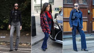 Three women, including Selma Hayek, wearing bootcut jeans while walking down the street