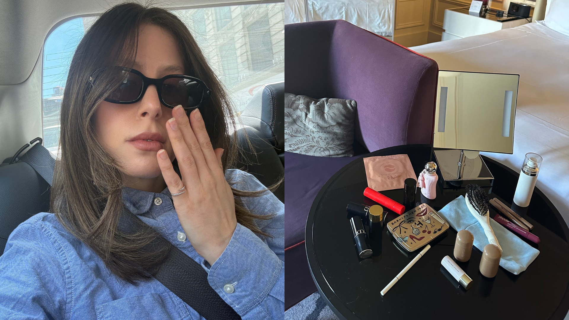 Collage of Jamie Chevron taking a car selfie wearing sunglasses and beauty products on a side table.