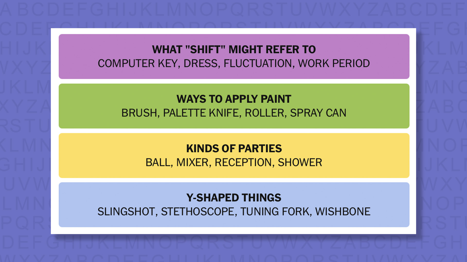 NYT Connections answers for game 965 on a purple background