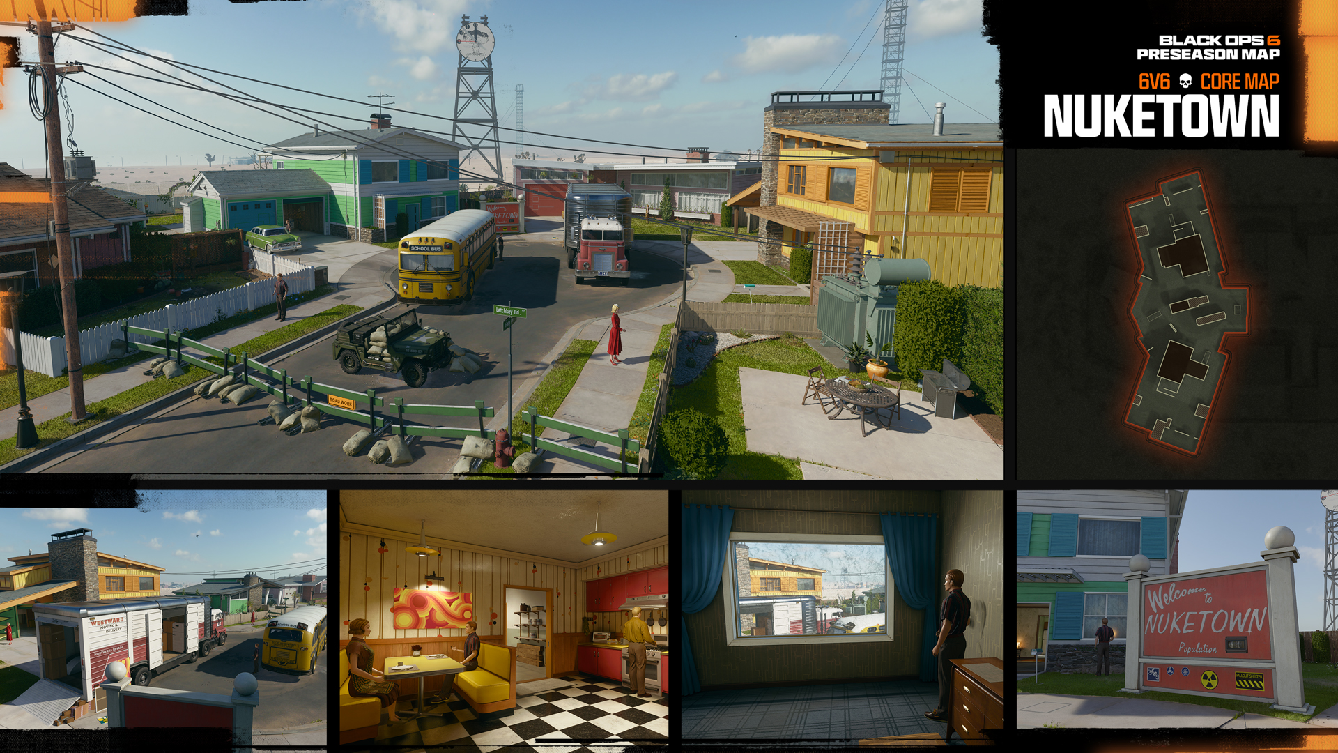 A breakdown of the Nuketown map from Black Ops 6 showing the layout and some of the points of interest