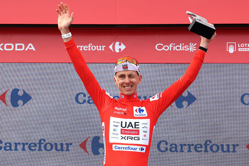 ARAMON VALDELINARES, SPAIN - AUGUST 28: Tadej Pogacar of Slovenia and UAE Team Emirates XRG celebrates at podium as Red Leader Jersey winner during the La Vuelta - 81st Tour of Spain 2026, Stage 7 a 149.48m stage from Vall d&amp;apos;Alba to Aramon Valdelinares 1965m / #UCIWT / on August 28, 2026 in Aramon Valdelinares, Spain. (Photo by Alexander Hassenstein/Getty Images)