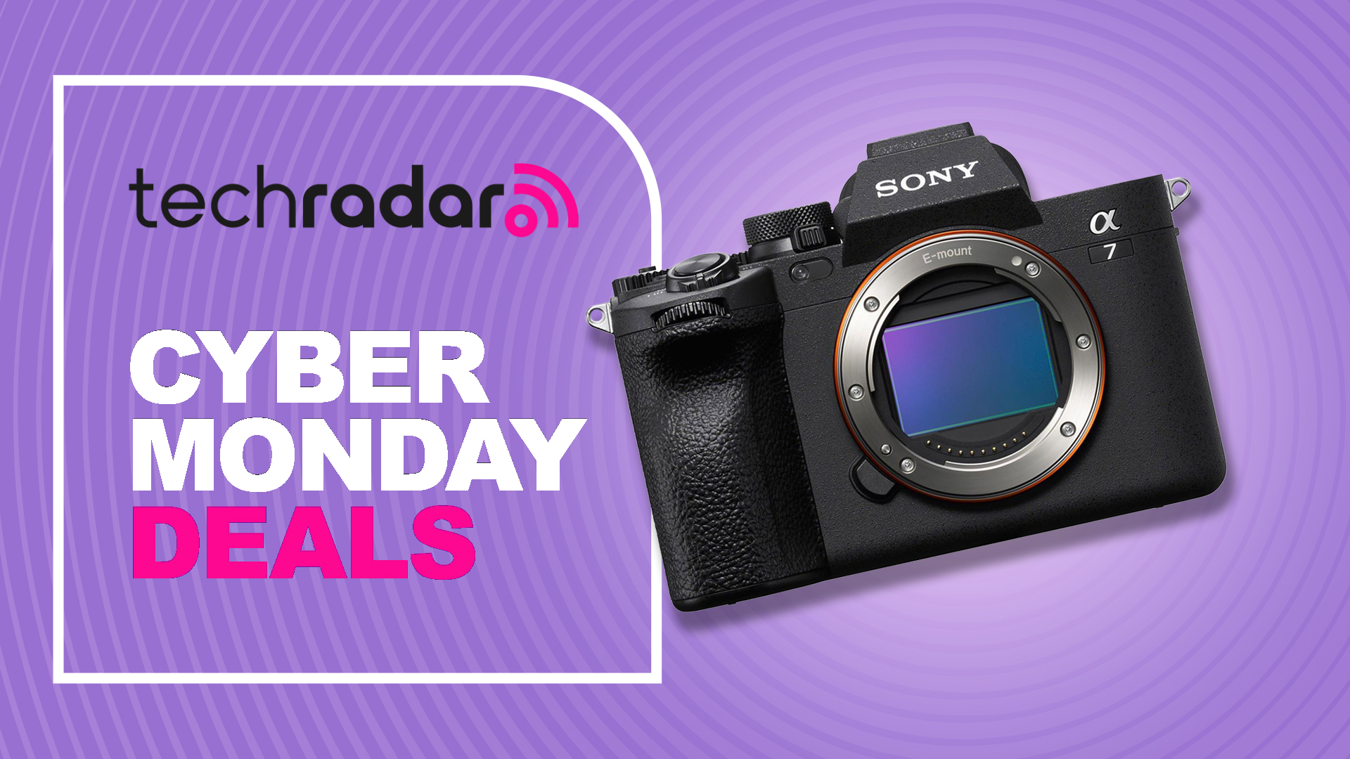 Sony A7 IV camera on a purple background with Cyber Monday text overlay
