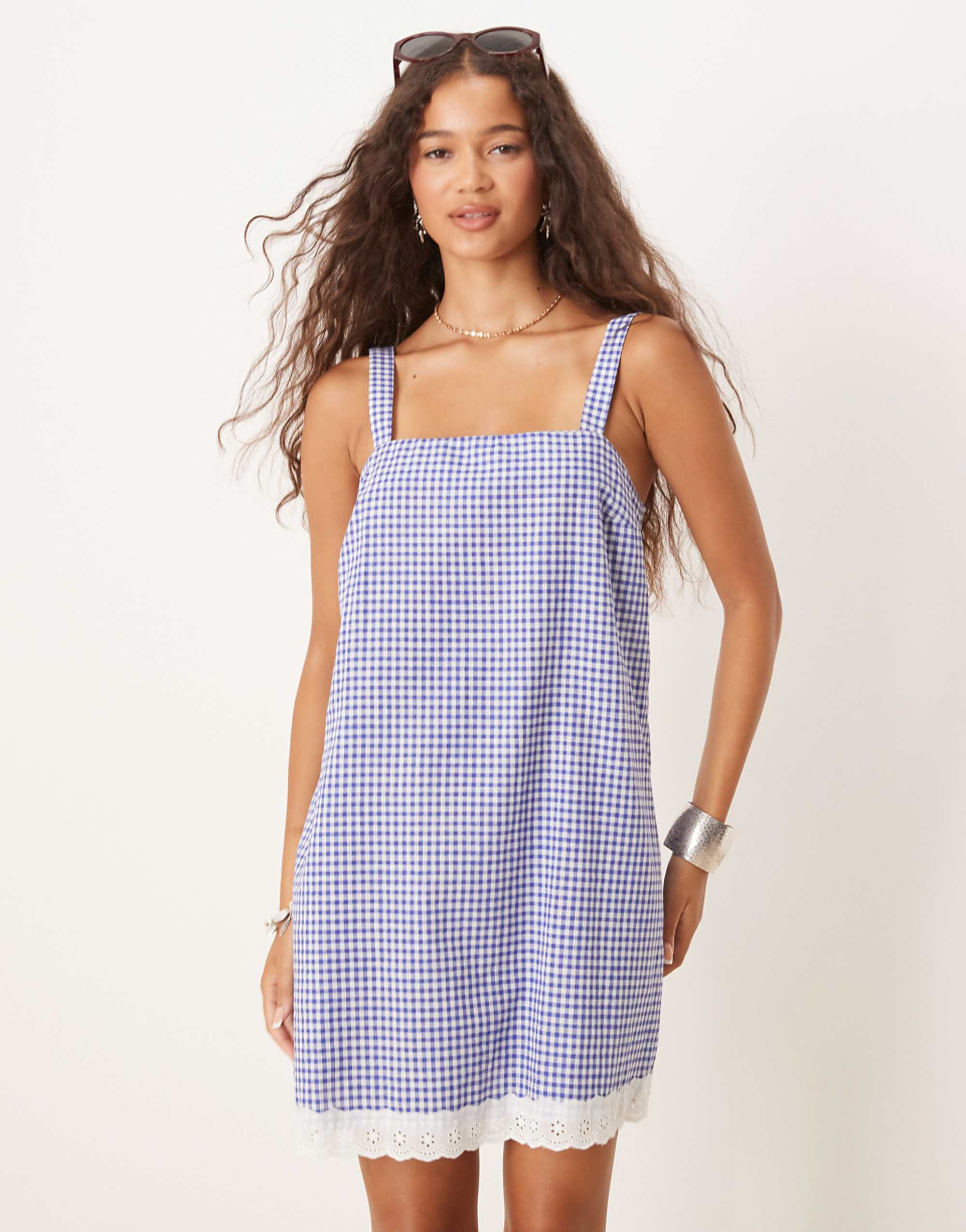 ASOS Design Swing Mini Dress with Broderie Hem in Navy Plaid