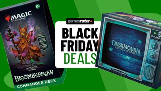 Bloomburrow Commander Deck and Duskmourn bundle next to a 'Black Friday deals' badge, all on a green background