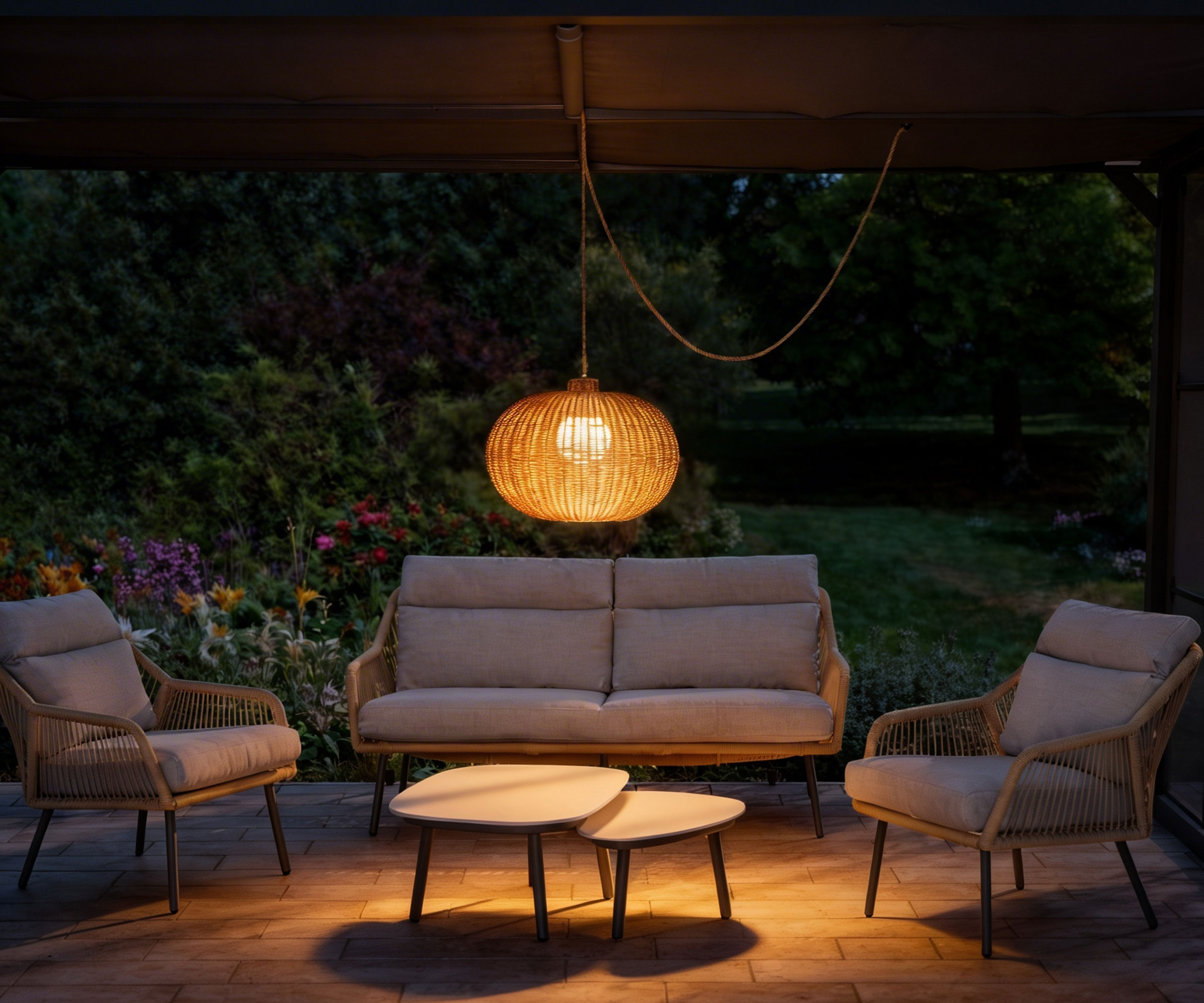 outdoor seating area with oversized pendant light