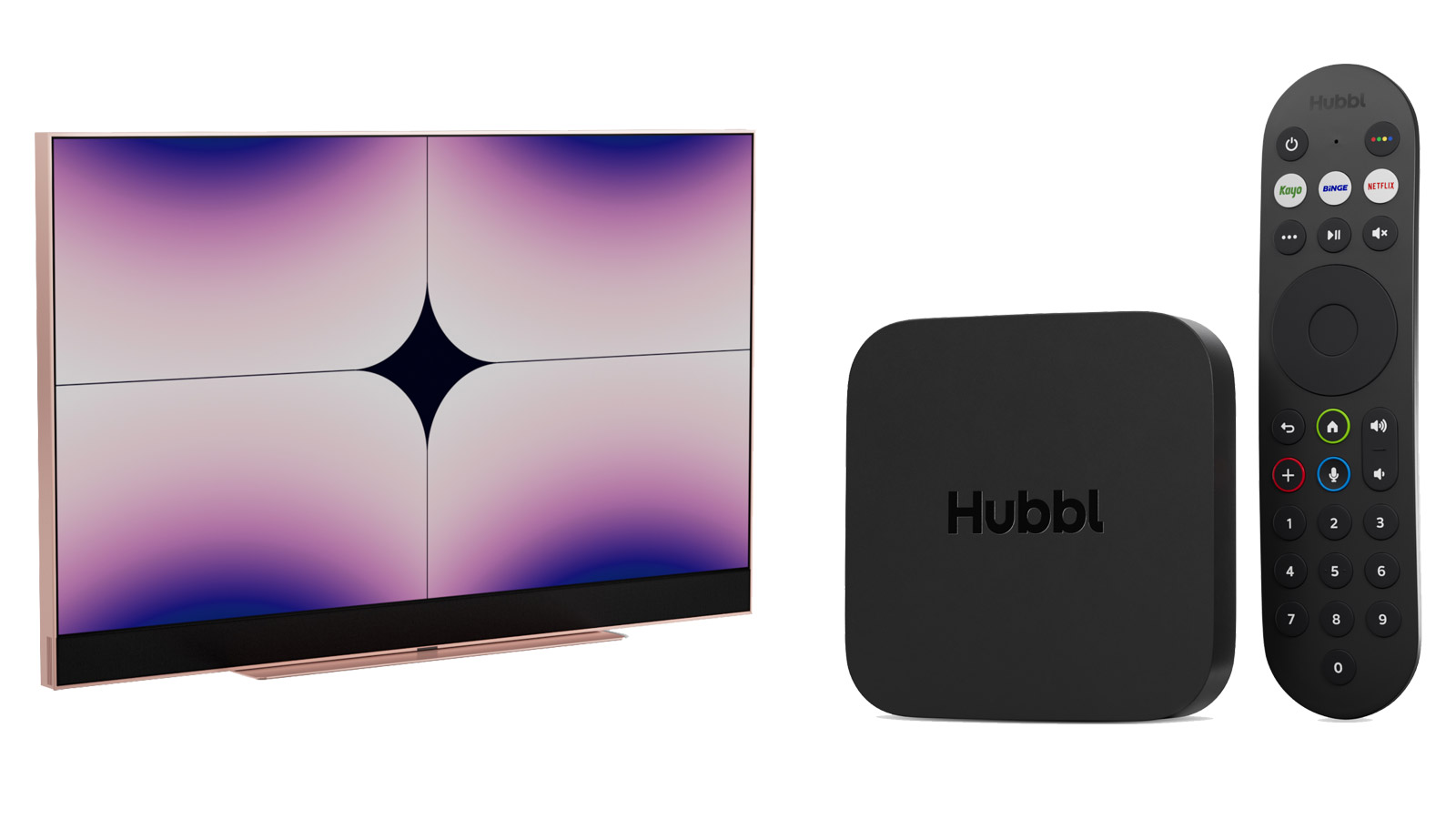 Hubbl Glass TV en Dusky Pink y decodificador Hubbl