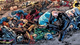 Xavier kneels in a battlefield surrounded by dead or unconscious mutants.