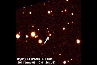 Discovery image of the newfound comet C/2011 L4 (PANSTARRS), taken by Hawaii's Pan-STARRS 1 telescope.