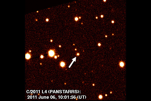 Discovery image of the newfound comet C/2011 L4 (PANSTARRS), taken by Hawaii&#039;s Pan-STARRS 1 telescope. 