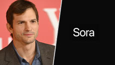 Ahston Kutcher on the left and the OpenAI Sora logo on the right against a black background