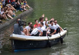 Fabian Cancellara waves to fans during the Team Presentation of the 2015 Tour de France