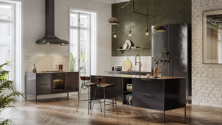 Kitchen with chevron-patterned wooden floor