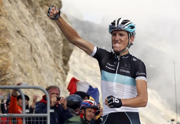Andy Schleck celebrates atop the Galibier.