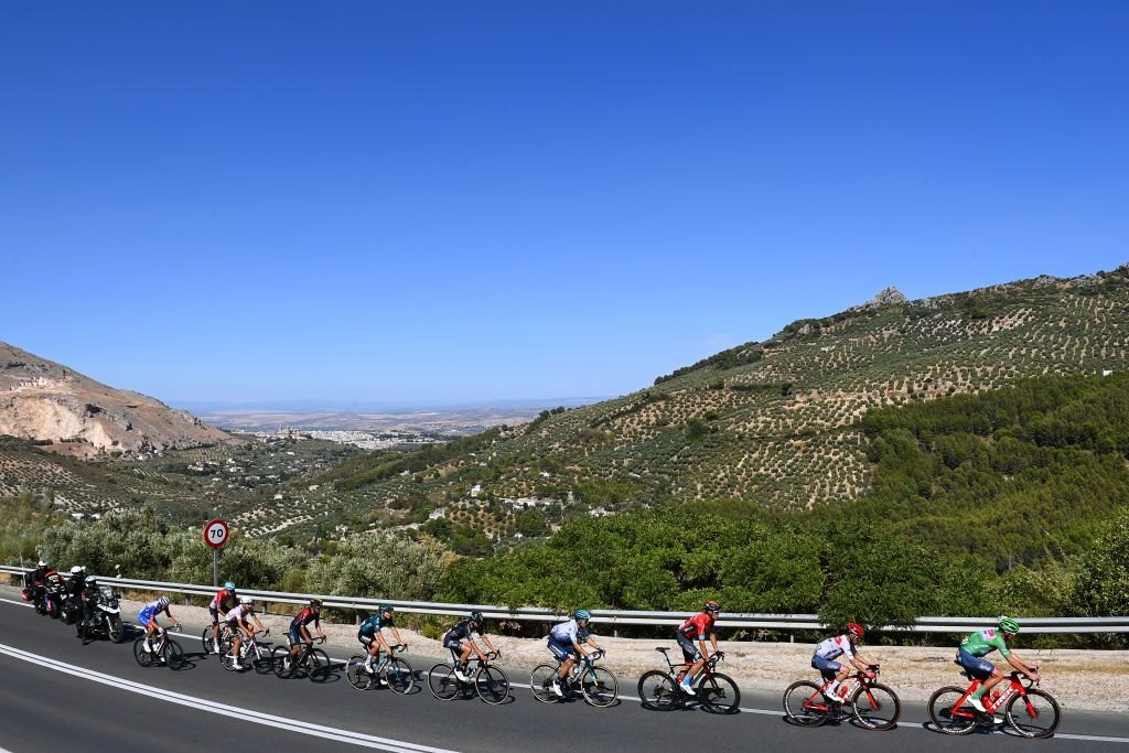 SIERRA DE LA PANDERA SPAIN SEPTEMBER 03 Clment Champoussin of France and AG2R Citren Team Alexey Lutsenko of Kazahkstan and Team Astana Qazaqstan Luis Leon Sanchez Gil of Spain and Team Bahrain Victorious Bruno Armirail of France and Team Groupama FDJ Richard Carapaz of Ecuador and Team INEOS Grenadiers Filippo Conca of Italy and Team Lotto Soudal Marco Brenner of Germany and Team DSM Kenny Elissonde of France and Team Trek Segafredo Ral Garca Pierna of Spain and Team Equipo Kern Pharma and Mads Pedersen of Denmark and Team Trek Segafredo Green Points Jersey compete in the breakaway during the 77th Tour of Spain 2022 Stage 14 a 1603km stage from Montoro to Sierra de La Pandera 1815m LaVuelta22 WorldTour on September 03 2022 in Sierra de La Pandera Spain Photo by Tim de WaeleGetty Images