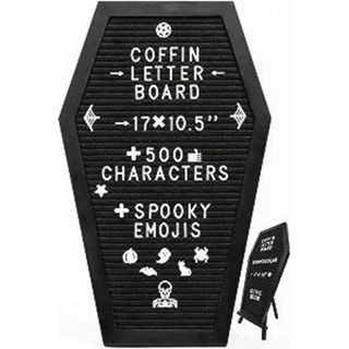 Coffin Letter Board Black With Spooky Emojis +500 Characters, and Wooden Stand - 17x10.5 Inches - Gothic Halloween Decor Spooky Gifts Decorations