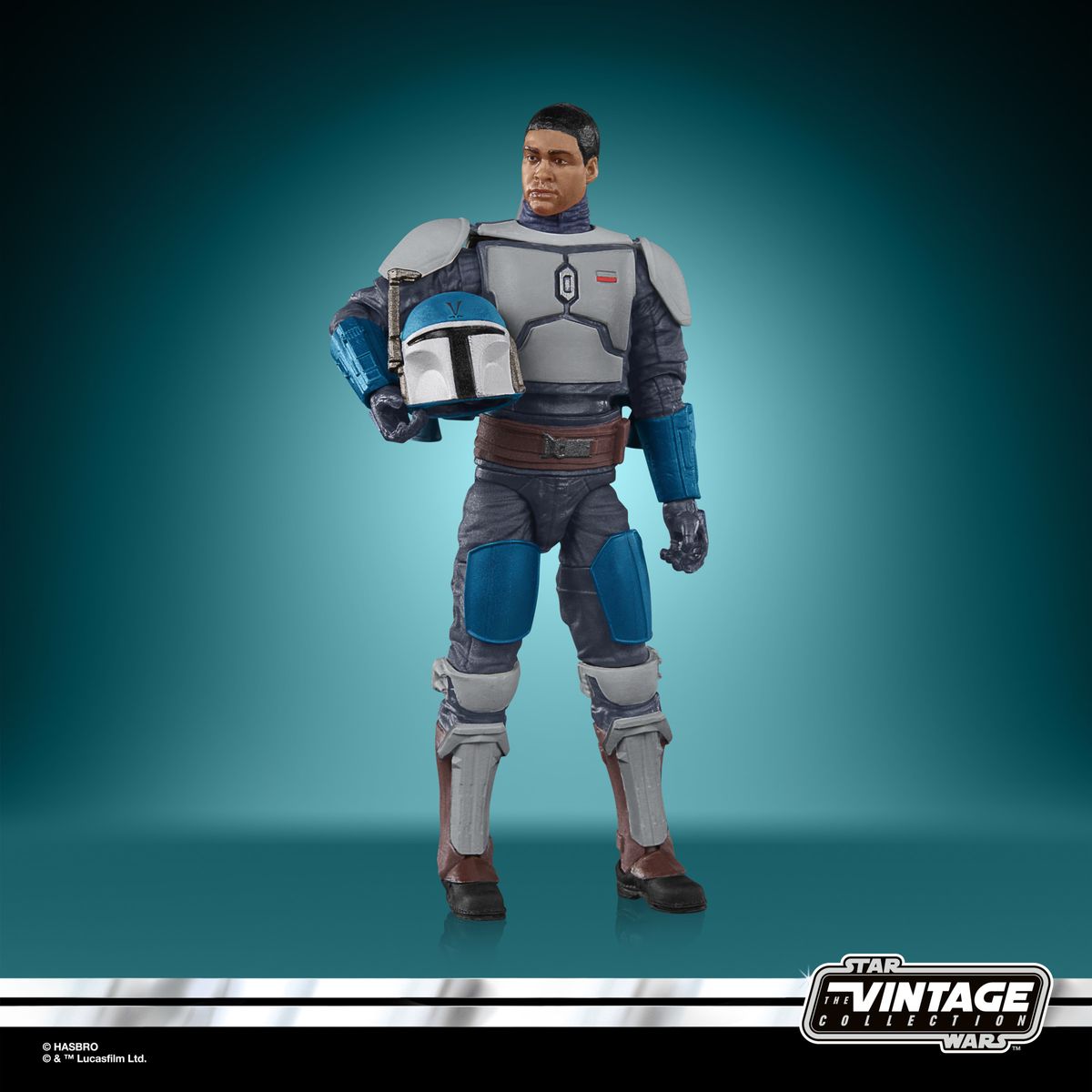The Mandalorian Fleet Commander action figure on a blue and black background