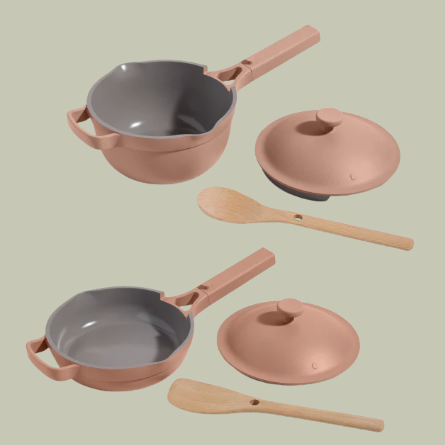 A set of two ceramic pans with wood handles and lids