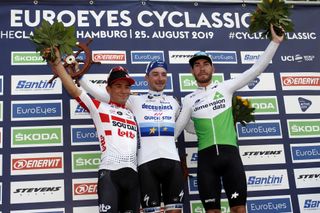 Caleb Ewan, Elia Viviani and Giacomo Nizzolo on the podium in Hamburg