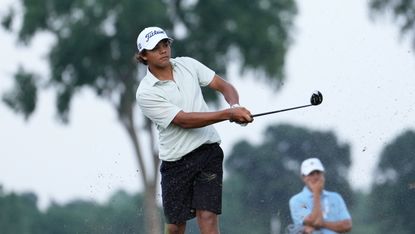 Charlie Woods hits a shot at the 2024 US Junior Amateur