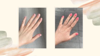 Collage of two images showing baby pink BIAB nails and a regular gel manicure with bright pink polish