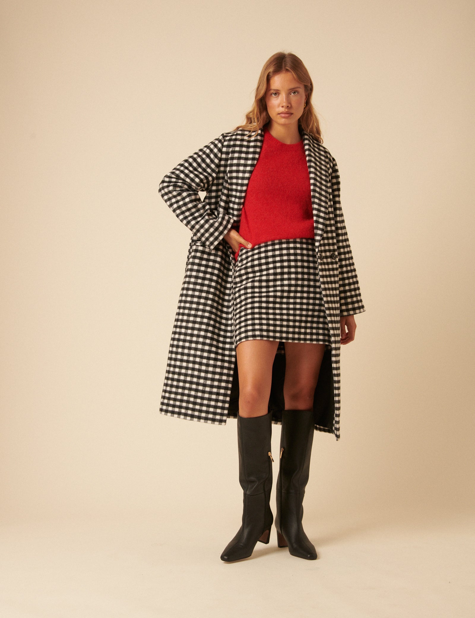Black and White Gingham Double Breasted Coat