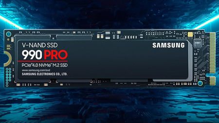 Samsung 990 PRO V-NAND SSD against a digital, futuristic background. The SSD features PCIe 4.0 NVMe M.2 interface, suggesting high-speed data transfer.