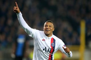 Kylian Mbappe celebrates after scoring a hat-trick for Paris Saint-Germain against Club Brugge in the Champions League in October 2019.