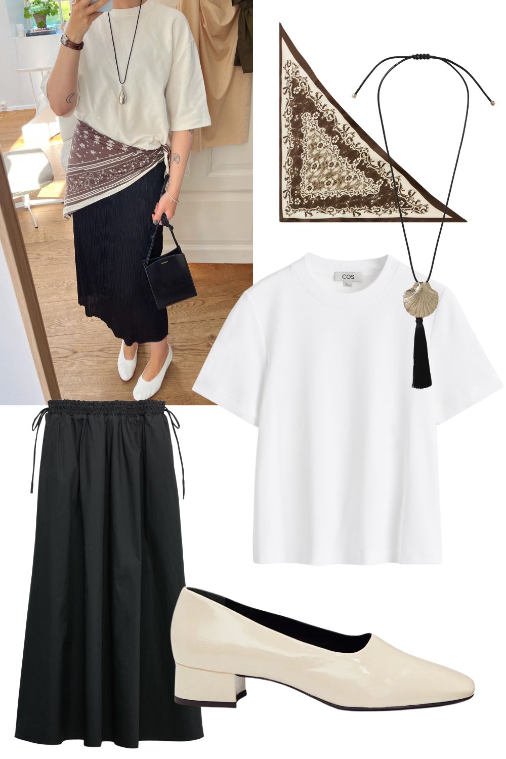 flat lay cutout images of how to style a silk scarf outfit idea - round the waist