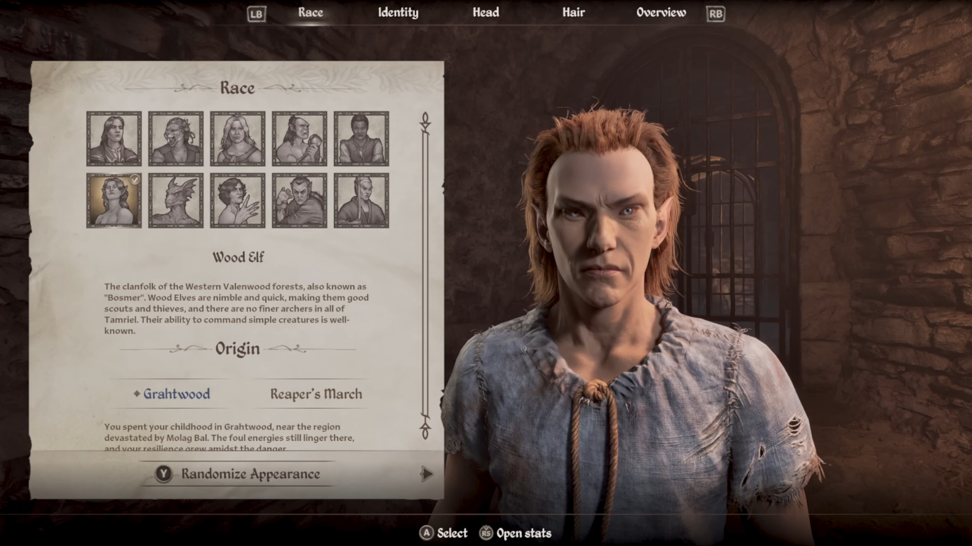 The character creator screen showing the race of a Wood Elf during the RPG The Elder Scrolls 4: Oblivion Remastered