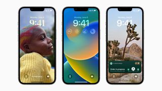 Hero image of iOS 16 on three iphone screens