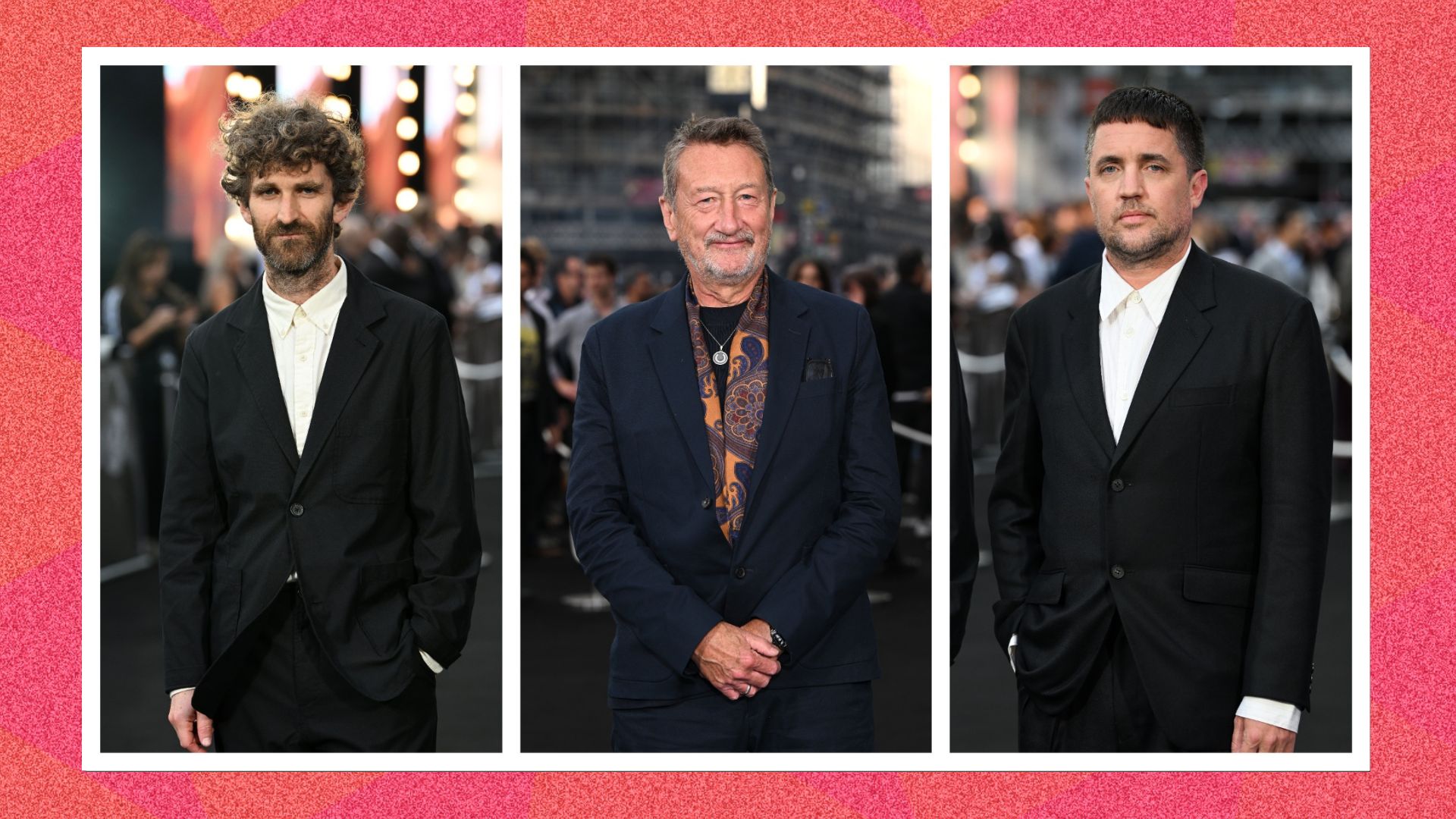 three images spliced together against a pink patterned background, from L-R: Will Lovelace, Steven Knight, and Dylan Southern