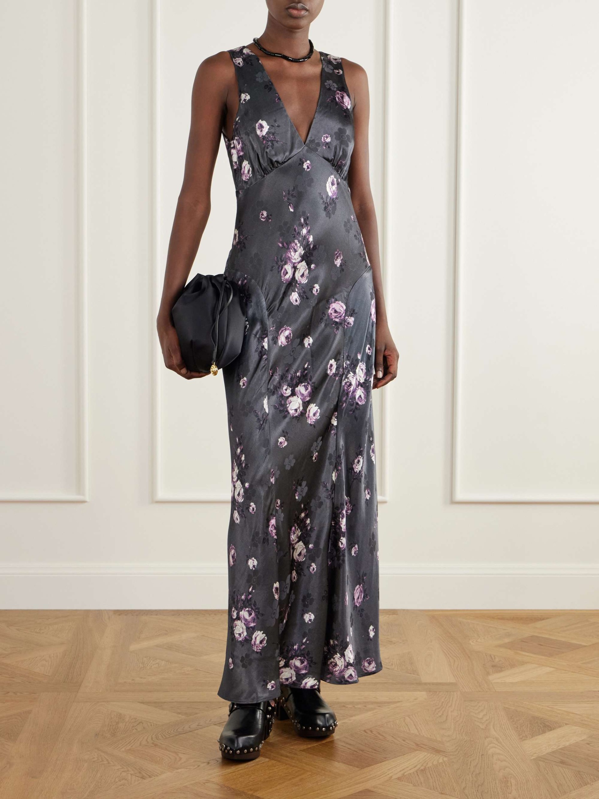 Floral-Print Satin Maxi Dress