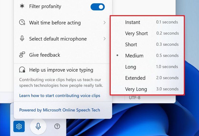 Voice Typing Wait time before acting