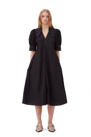 Cotton Poplin V-Neck Midi Dress