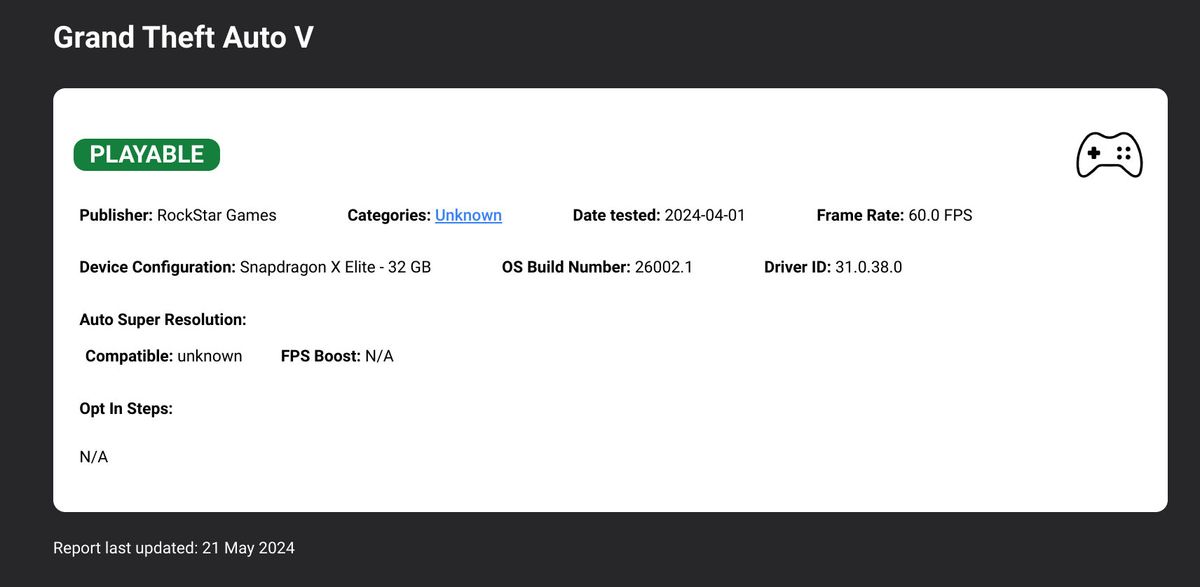 worksonwoa.com performance reports for games running on Snapdragon X Elite