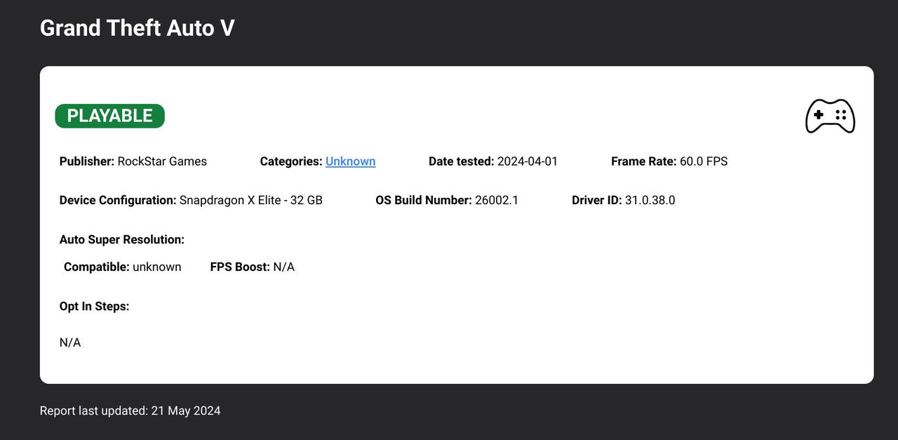 worksonwoa.com performance reports for games running on Snapdragon X Elite