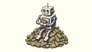 Newspaper cartoon style image of a robot sitting on a pile of cash