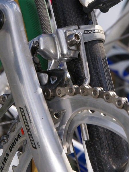 The spare bike's front derailleur includes a custom chain watcher.