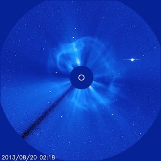 The SOHO LASCO C3 instrument captured this coronographic image of the Earth-directed CME. Notice how the CME appears as a halo around the sun. This is indicative of an Earth-directed event. Image obtained August 20, 2013.